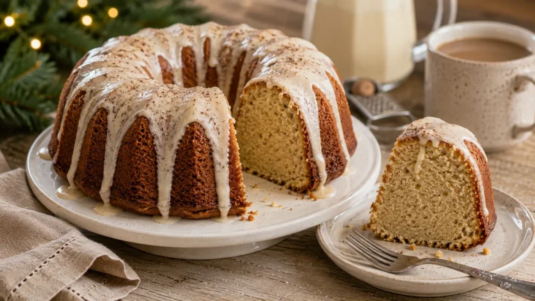 Homemade eggnog Bundt cake with a moist spiced crumb and creamy rum eggnog glaze dripping over golden cake ridges.