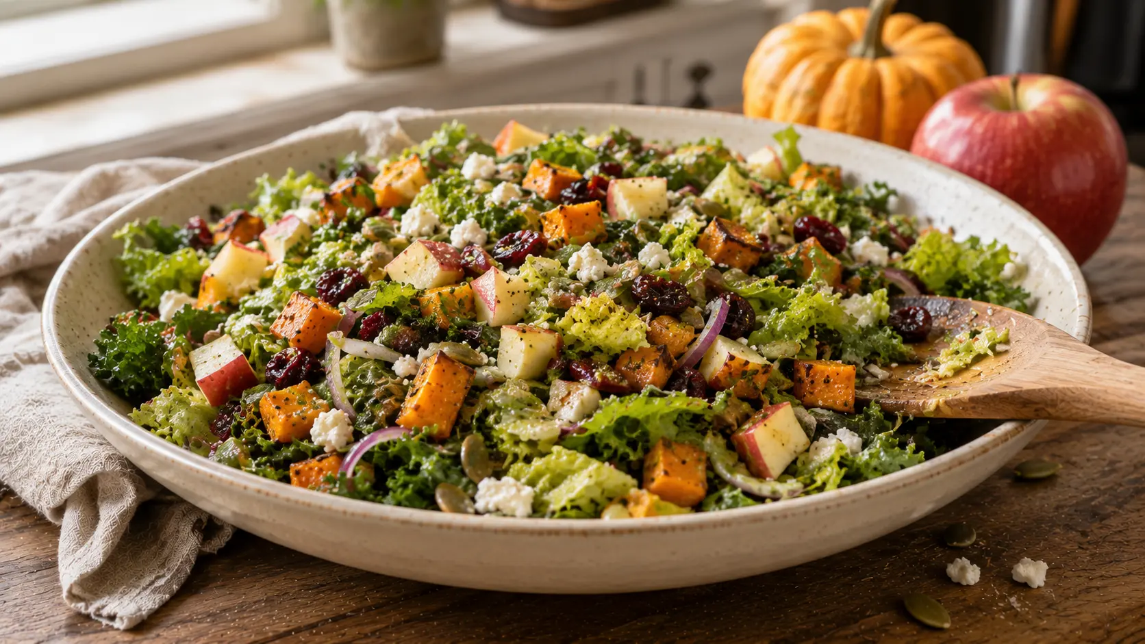 Fall harvest chopped salad with apples, roasted sweet potatoes, kale, romaine, cranberries, feta and pumpkin seeds tossed with apple cider vinaigrette.