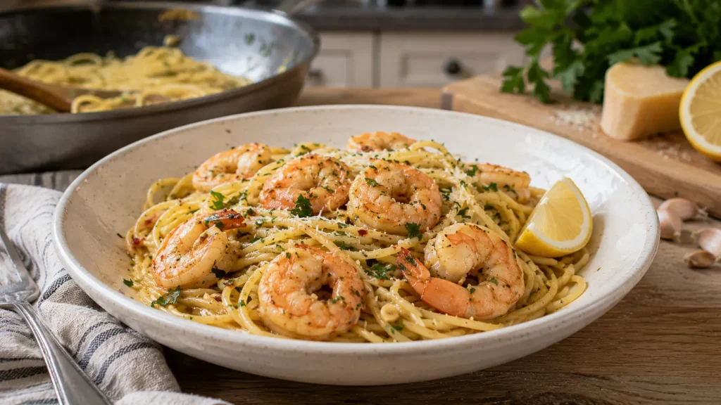 15-minute garlic butter shrimp pasta with juicy seared shrimp, spaghetti, Parmesan, lemon and fresh parsley in a light buttery sauce.
