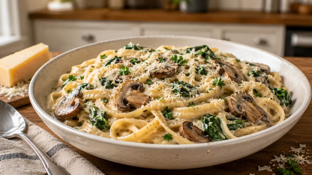 One-pot garlic Parmesan linguine with golden mushrooms and wilted spinach coated in a creamy garlic Parmesan sauce.