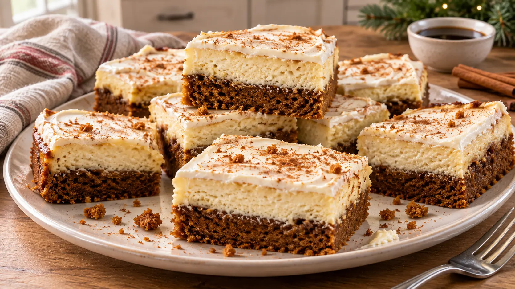 Homemade gingerbread cheesecake bars with a spiced molasses base, creamy cheesecake layer and thin cream cheese frosting.