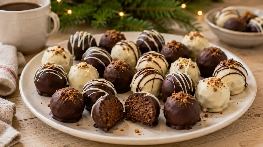 Homemade gingerbread cookie dough truffles coated in dark and white chocolate with a soft spiced molasses gingerbread center.