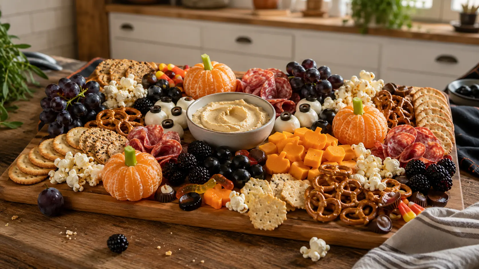 Spooky easy Halloween charcuterie board with cheddar cheese, salami, crackers, grapes, mandarin pumpkins, mozzarella eyeballs, pretzels and Halloween treats.