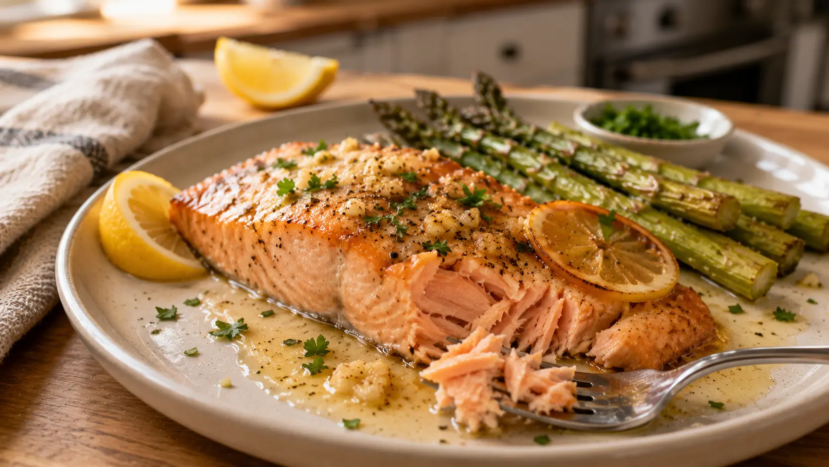 Easy lemon butter baked salmon with tender flaky flesh, garlic, fresh parsley and lemon served as a simple weeknight dinner.