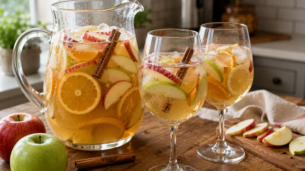 Light caramel apple sangria with white wine, apple cider, red and green apples, citrus and cinnamon served chilled in a glass pitcher.