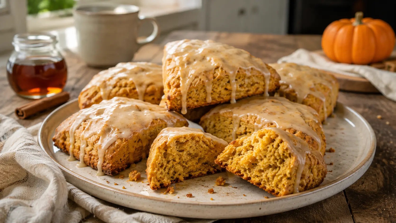Homemade maple pumpkin scones with brown butter maple glaze, including a broken scone showing the tender pumpkin-spiced center.
