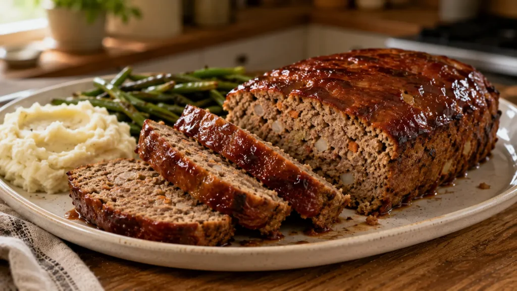 Lighter classic meatloaf made with lean ground beef and topped with a sweet and tangy baked brown sugar glaze.