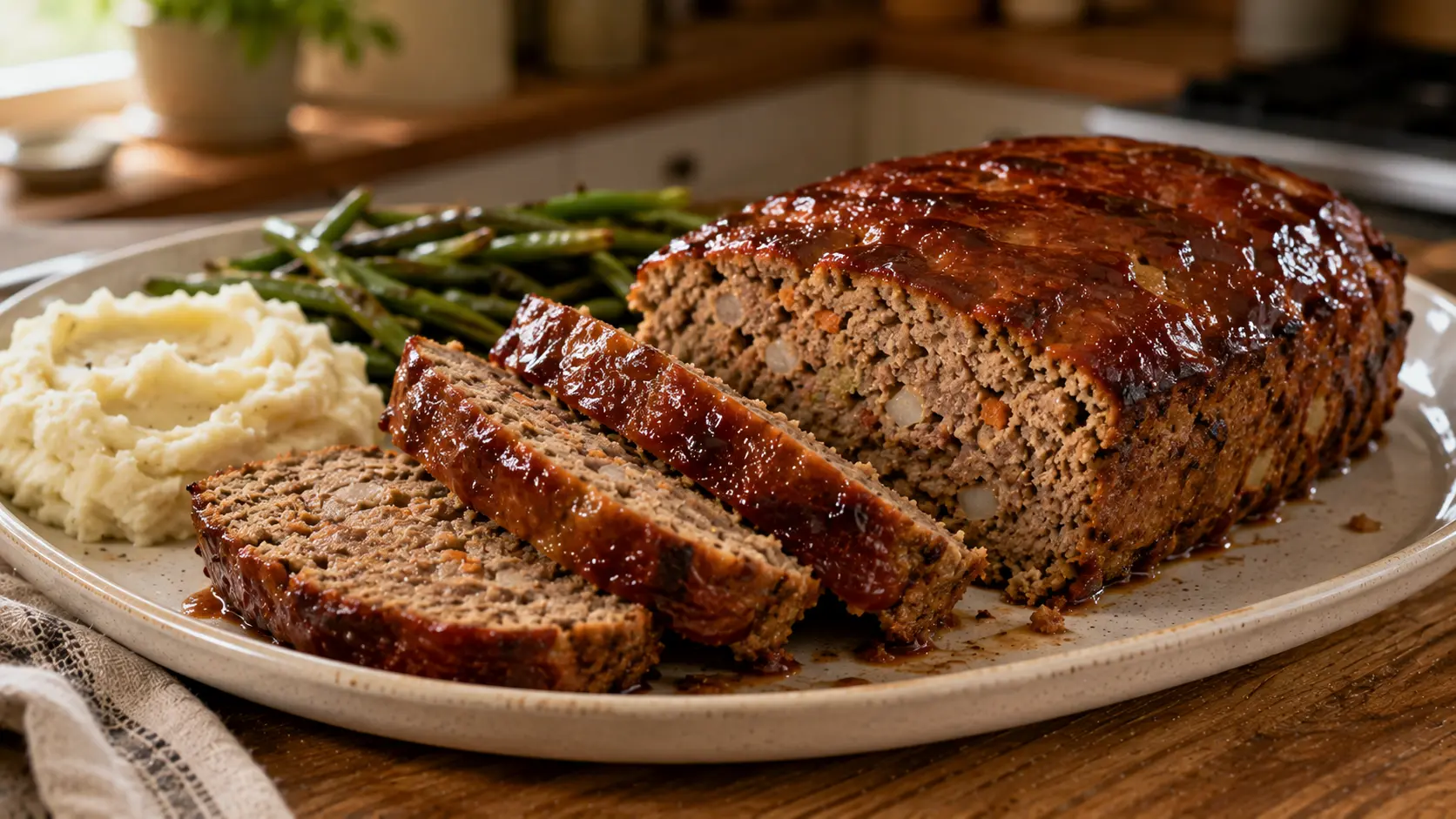 Lighter classic meatloaf made with lean ground beef and topped with a sweet and tangy baked brown sugar glaze.