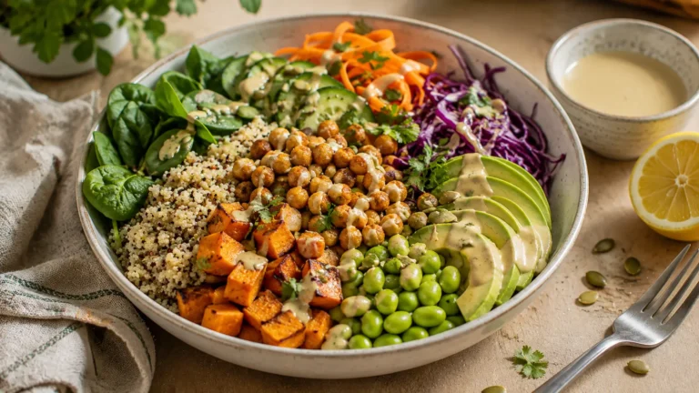 Fresh New Year Buddha bowl with quinoa, roasted sweet potato, chickpeas, avocado, edamame, colorful vegetables, pumpkin seeds, and creamy lemon-tahini dressing.