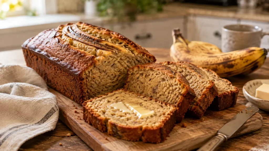 Homemade easy one bowl banana bread with a golden-brown crust, baked banana topping and thick slices showing the moist banana crumb.