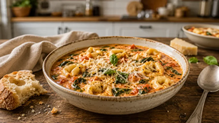 Creamy Parmesan tomato tortellini soup with cheese tortellini, spinach, freshly grated Parmesan, basil, and cracked black pepper.