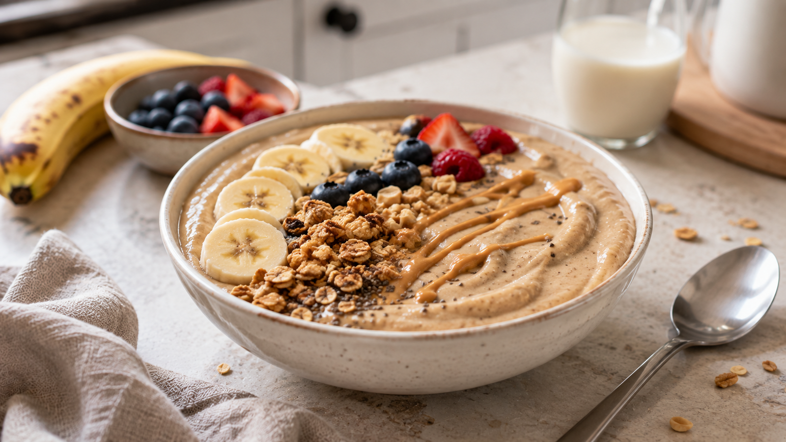 Thick peanut butter protein smoothie bowl topped with fresh banana, berries, granola, chia seeds and a creamy peanut butter drizzle.