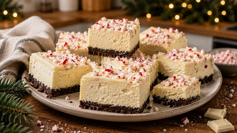 Lighter peppermint bark cheesecake bars with a chocolate cookie crust, creamy peppermint cheesecake filling, thin white chocolate topping, and crushed candy canes.