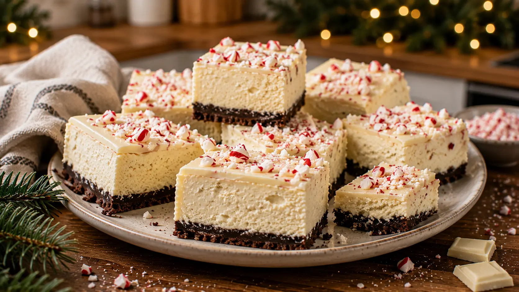 Lighter peppermint bark cheesecake bars with a chocolate cookie crust, creamy peppermint cheesecake filling, thin white chocolate topping, and crushed candy canes.