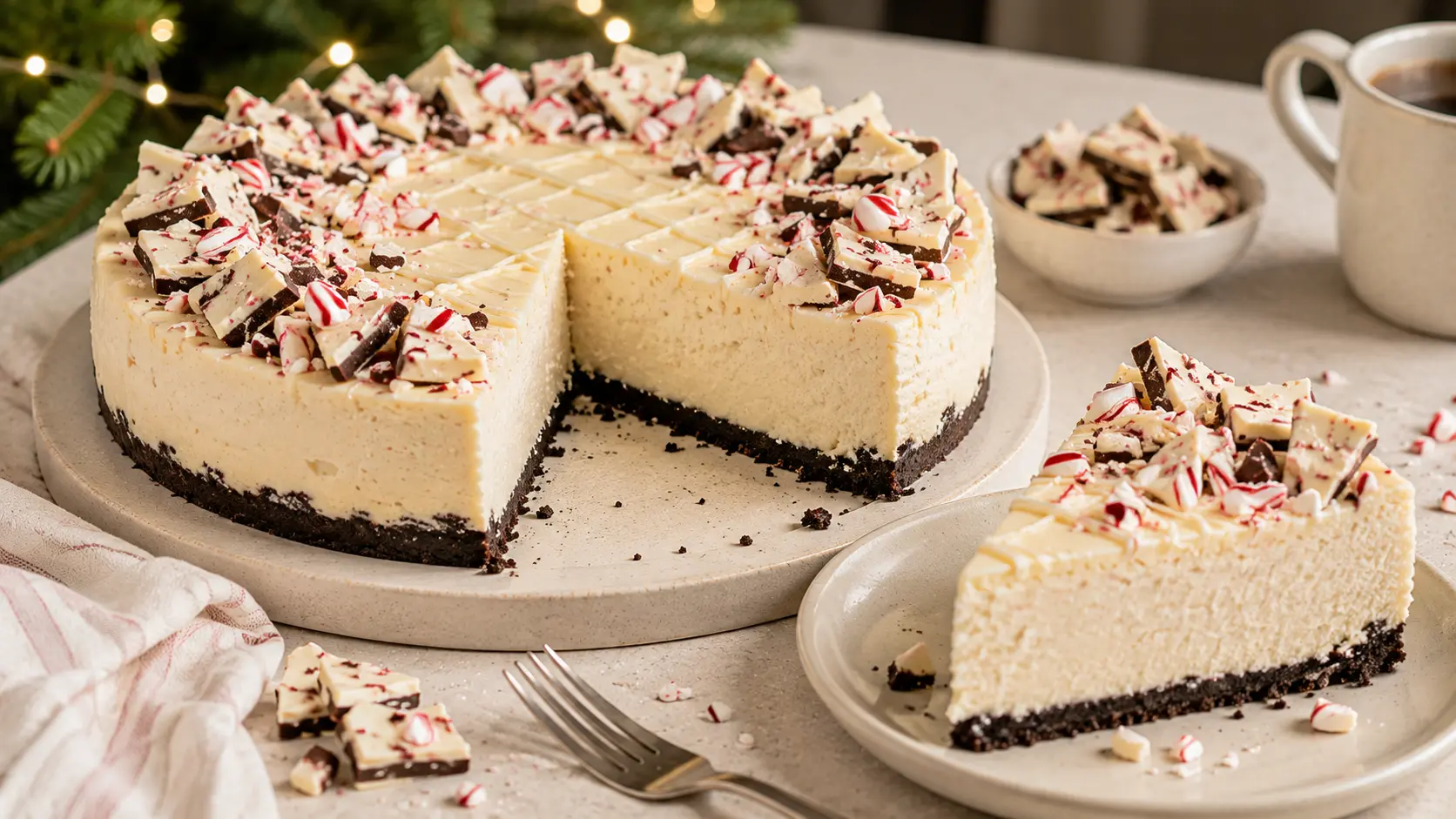 Light and creamy peppermint bark cheesecake with a chocolate cookie crust, white chocolate drizzle and crushed peppermint topping.