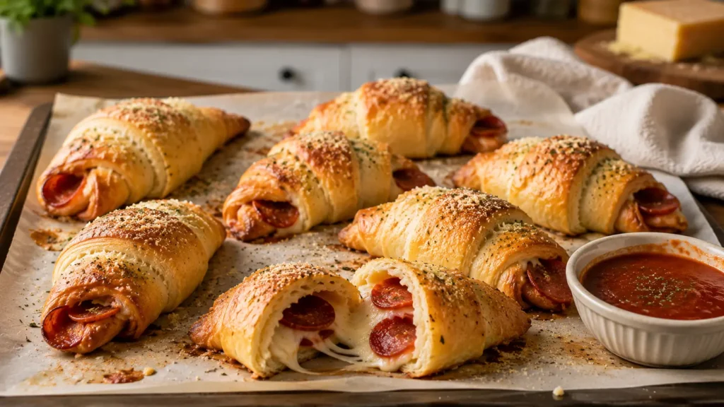 Golden Pepperoni Pizza Crescent Rolls filled with melted mozzarella and pepperoni and served with warm pizza sauce for dipping.