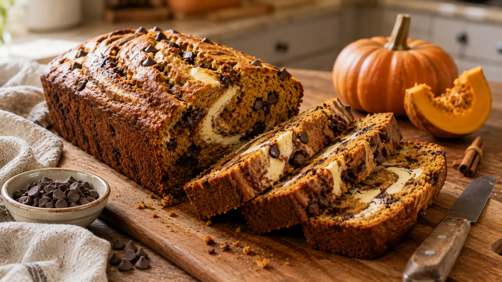Sliced pumpkin chocolate chip bread with a moist spiced pumpkin crumb, semi-sweet chocolate chips and baked cream cheese swirl