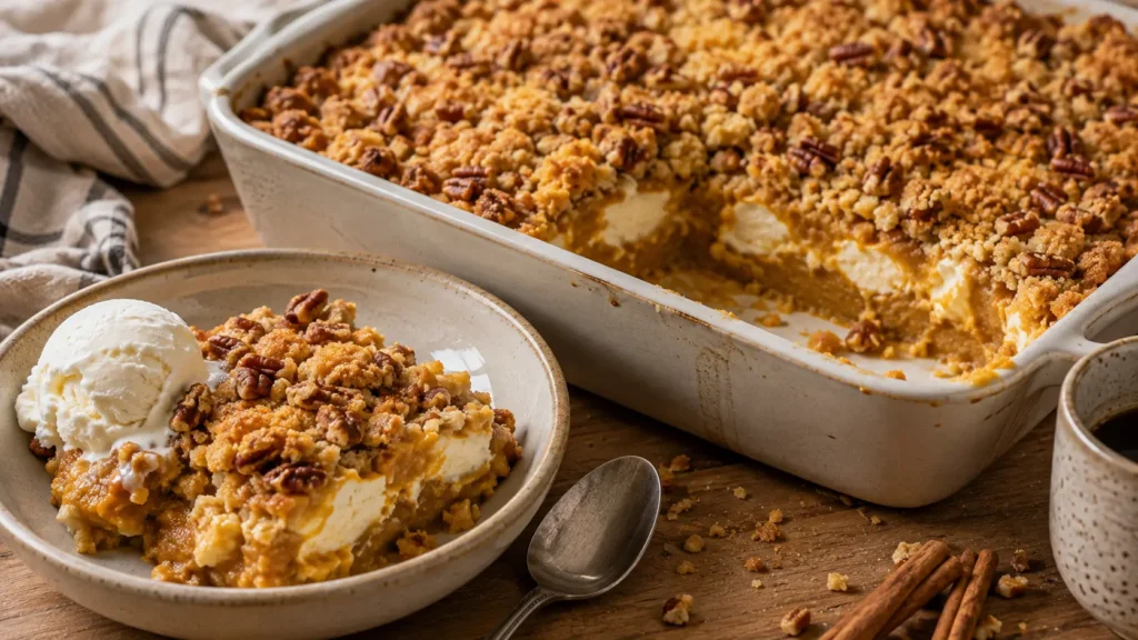 Easy pumpkin cream cheese dump cake with creamy spiced pumpkin filling, cream cheese pockets, toasted pecans, and a buttery golden topping.