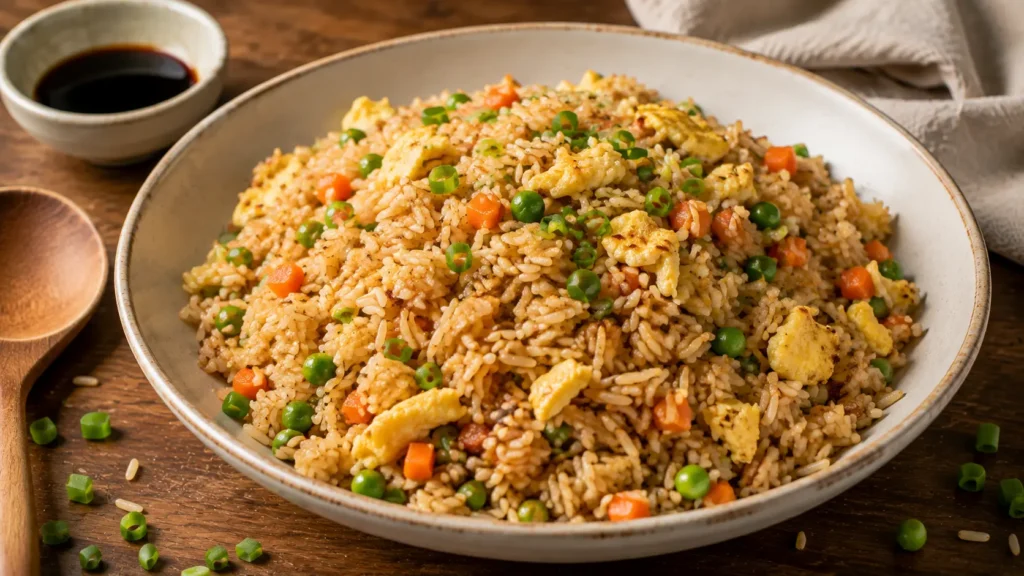 Homemade quick and easy fried rice with scrambled eggs, peas, carrots, and green onions in a ceramic bowl.