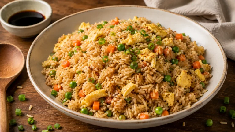 Homemade quick and easy fried rice with scrambled eggs, peas, carrots, and green onions in a ceramic bowl.