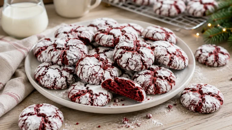 Homemade red velvet crinkle cookies with deep red centers, soft texture and cracked powdered sugar coating.