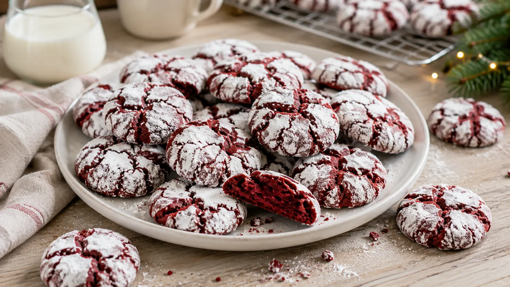 Homemade red velvet crinkle cookies with deep red centers, soft texture and cracked powdered sugar coating.