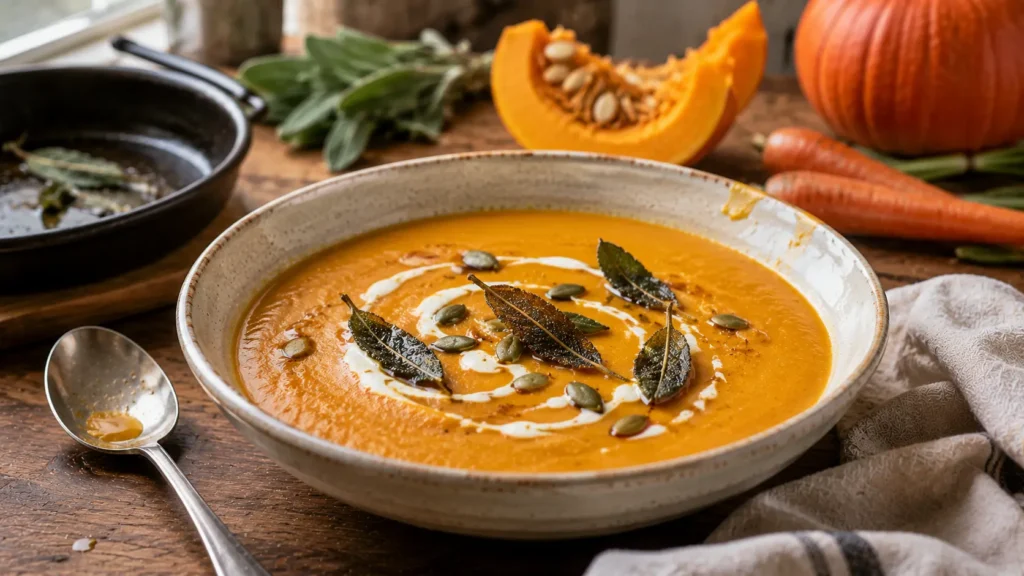 Creamy roasted pumpkin and carrot soup topped with crispy sage, roasted pumpkin seeds and a light swirl of cream.