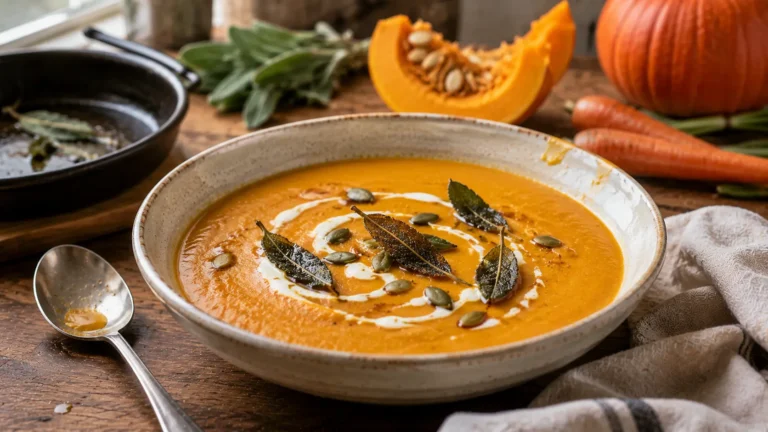 Creamy roasted pumpkin and carrot soup topped with crispy sage, roasted pumpkin seeds and a light swirl of cream.