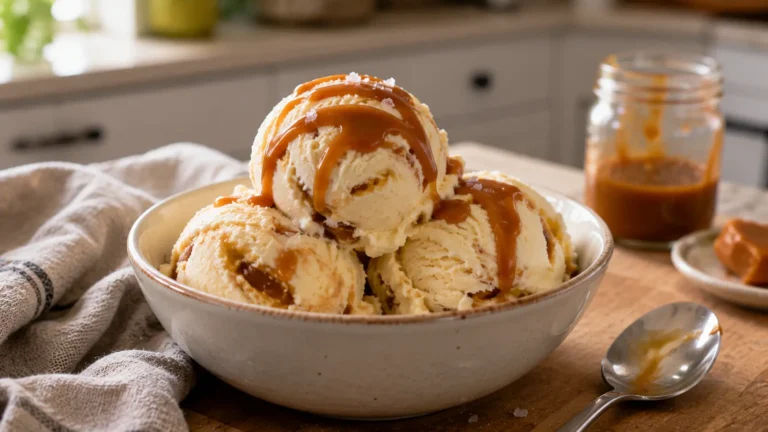 Creamy homemade no-churn salted caramel ice cream with irregular caramel ribbons, a light caramel drizzle and flaky sea salt.