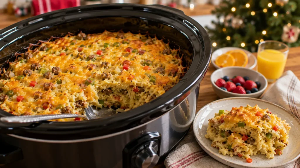 Slow cooker Christmas breakfast casserole with hash browns, mild sausage, eggs, melted cheddar, and finely diced red and green bell peppers.