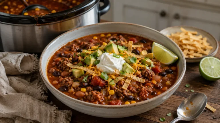 Homemade slow cooker taco soup with ground beef, black beans, pinto beans, corn and tomatoes topped with cheddar, avocado and sour cream.