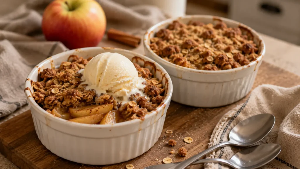 Two individual small-batch apple crisps with tender cinnamon apples and golden oat crumble, one served warm with vanilla ice cream.