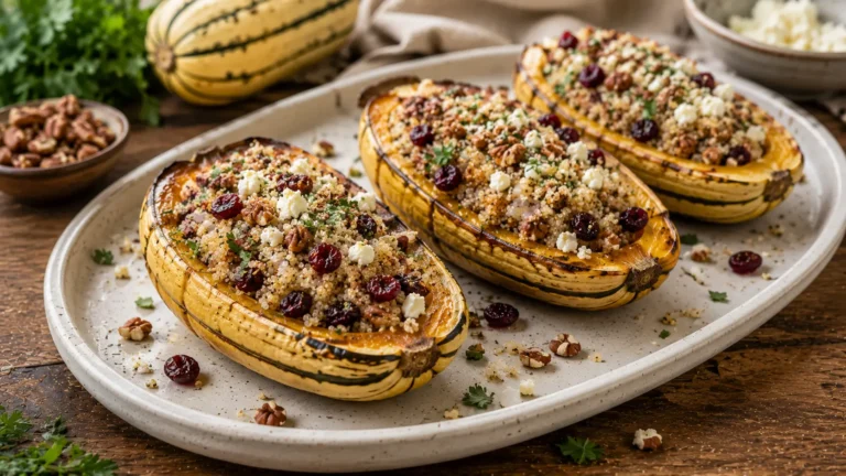 Roasted delicata squash halves stuffed with quinoa, dried cranberries, toasted pecans, feta and fresh herbs.