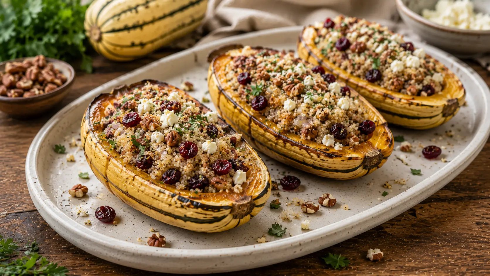 Roasted delicata squash halves stuffed with quinoa, dried cranberries, toasted pecans, feta and fresh herbs.