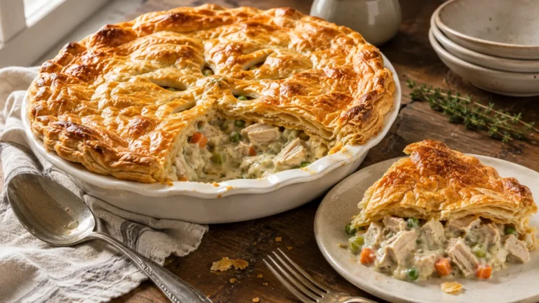 Homemade leftover turkey pot pie with golden flaky puff pastry crust and creamy turkey, carrots and peas filling.