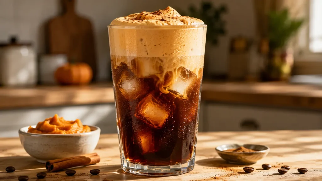 Homemade iced pumpkin cream cold brew topped with creamy pumpkin cold foam and pumpkin spice.