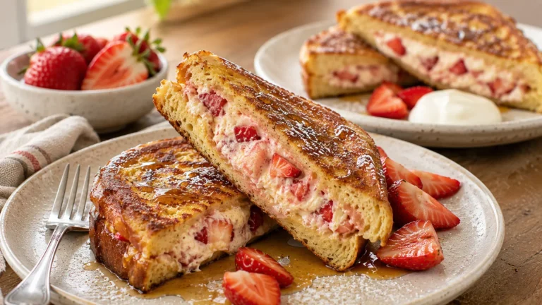 Strawberry cheesecake stuffed French toast for two with golden brioche cut open to reveal a creamy fresh strawberry cheesecake filling.