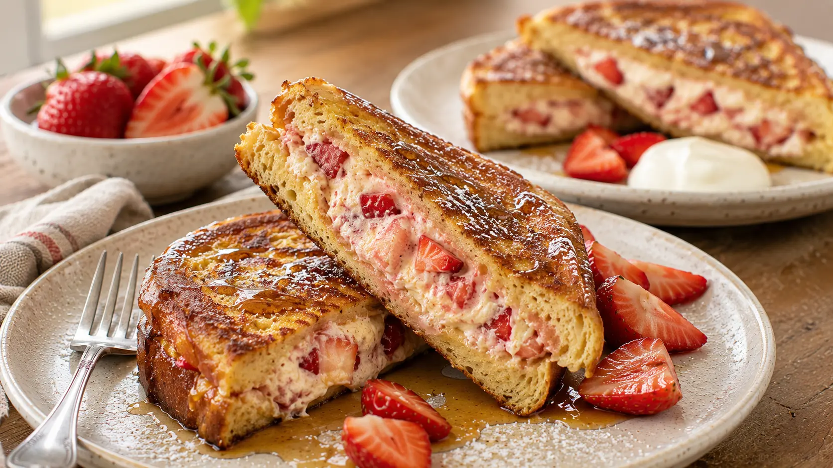 Strawberry cheesecake stuffed French toast for two with golden brioche cut open to reveal a creamy fresh strawberry cheesecake filling.