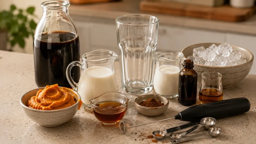 Ingredients for homemade pumpkin cream cold brew including cold brew coffee, pumpkin puree, cream, milk, maple syrup, vanilla, and pumpkin spice.