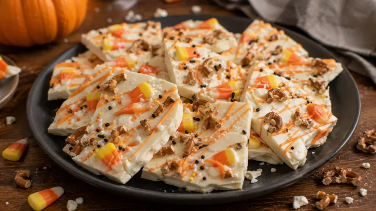 Homemade candy corn white chocolate bark with pretzels, Halloween sprinkles and orange chocolate drizzle broken into irregular pieces.