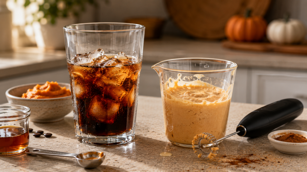 Iced cold brew beside freshly frothed pumpkin cream cold foam ready to be poured over the coffee.