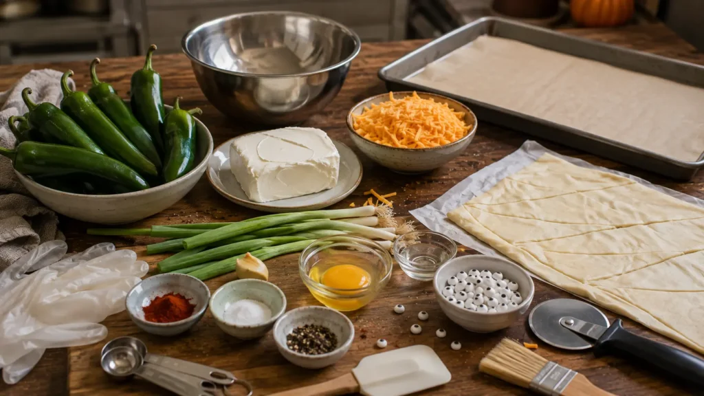 Ingredients for jalapeño popper mummies including fresh jalapeños, cream cheese, cheddar, crescent-roll dough, green onions and edible candy eyes.