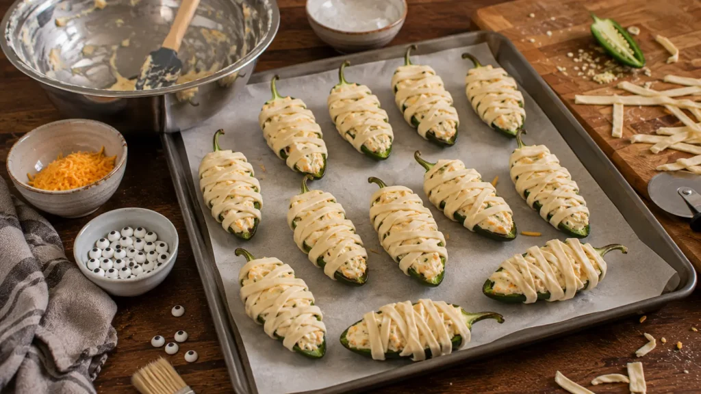 Cheese-stuffed jalapeño halves wrapped in raw crescent-roll dough on a parchment-lined baking sheet before baking and adding candy eyes.