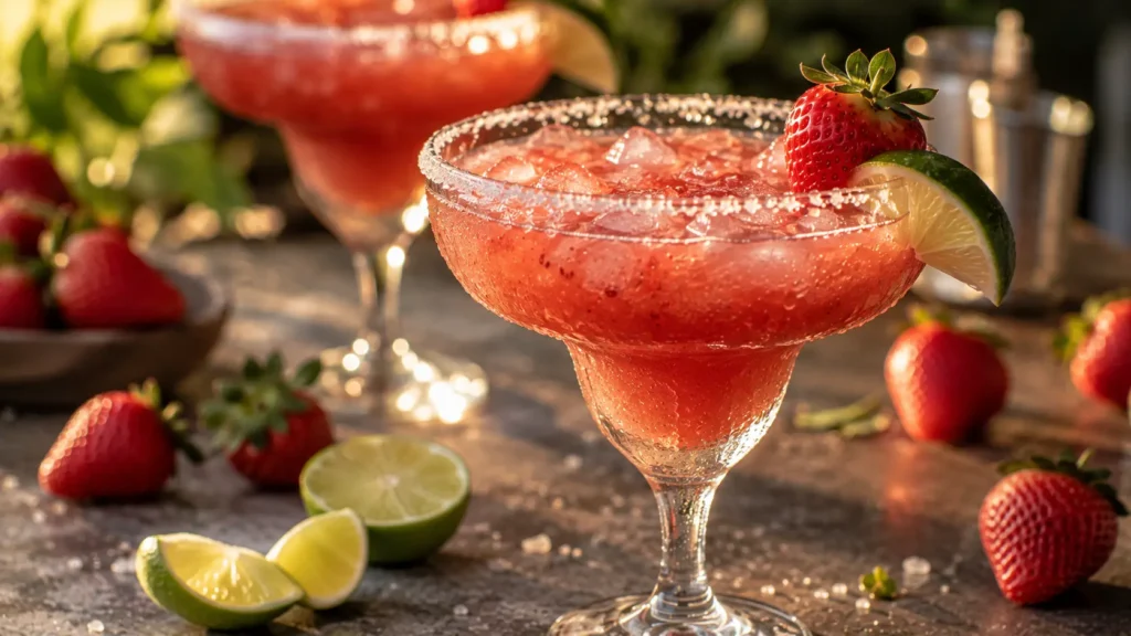 Cold strawberry margarita with a salted rim, fresh strawberry and lime garnish.