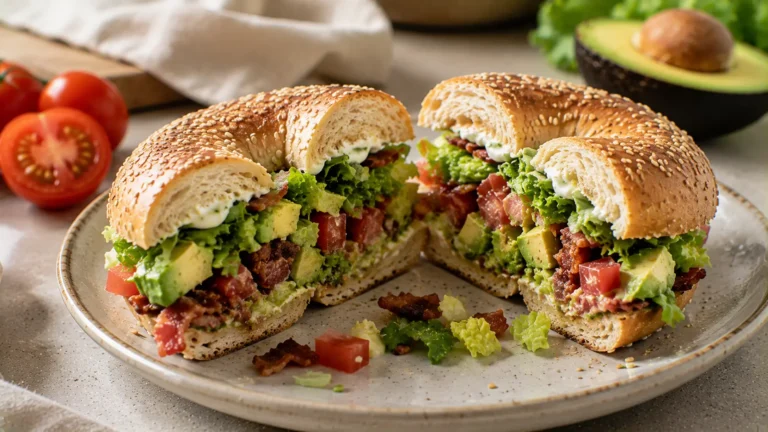 California chopped BLT bagel with crispy bacon, lettuce, tomato, avocado and creamy mayo.