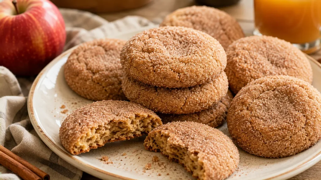 Soft apple cider donut cookies coated in cinnamon sugar with one cookie broken open to show the tender center.