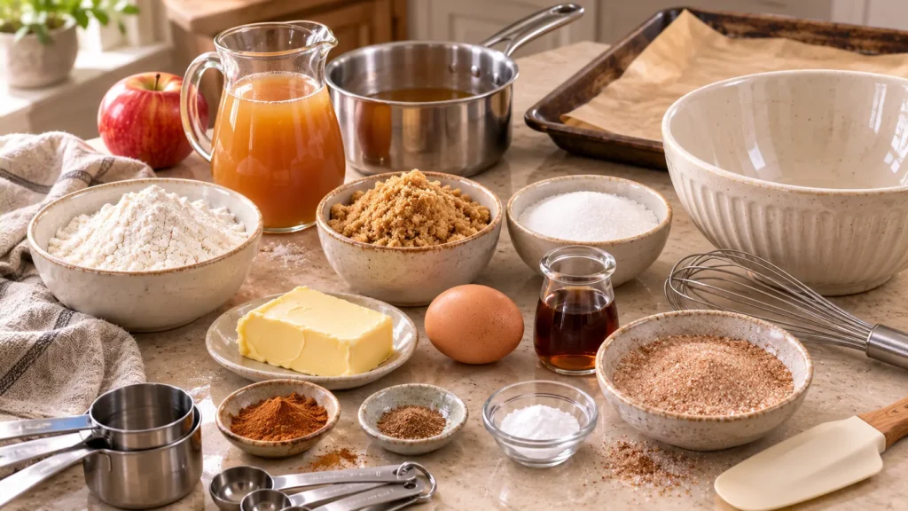 Ingredients for apple cider donut cookies including apple cider, butter, brown sugar, flour, egg, cinnamon and nutmeg.