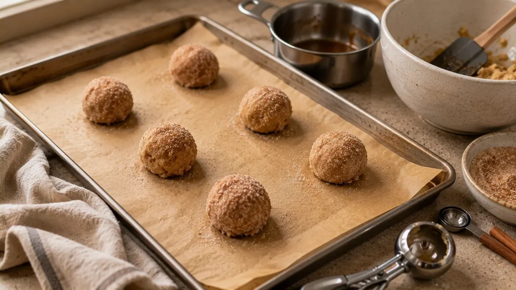 Cinnamon-sugar-coated apple cider cookie dough balls arranged on a parchment-lined baking sheet before baking.