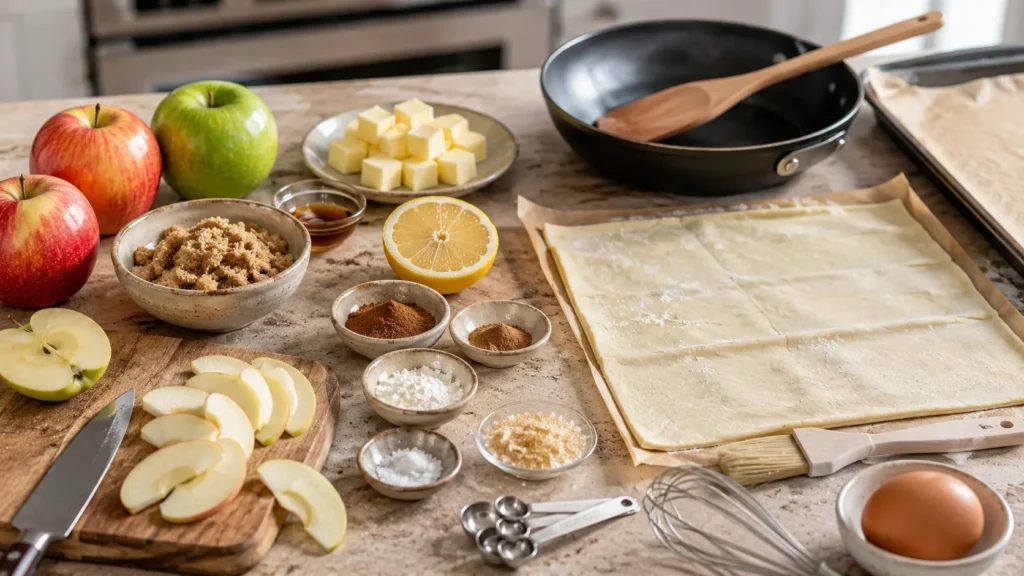 Apples, puff pastry, brown sugar, butter, cinnamon, lemon and vanilla for caramelized apple puff pastry tart.