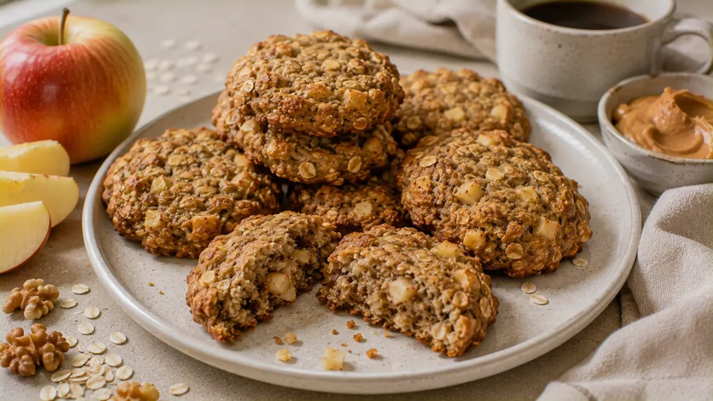 Soft apple oatmeal breakfast cookies made with rolled oats, fresh apple, banana and peanut butter.